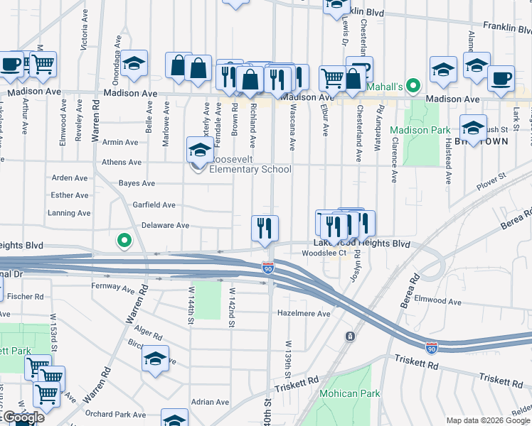 map of restaurants, bars, coffee shops, grocery stores, and more near 2185 Richland Avenue in Lakewood