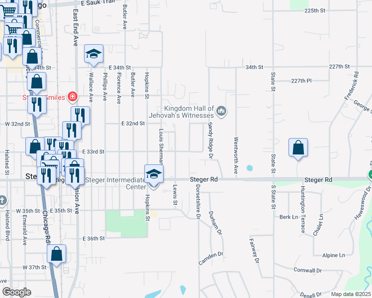 map of restaurants, bars, coffee shops, grocery stores, and more near in Chicago Heights