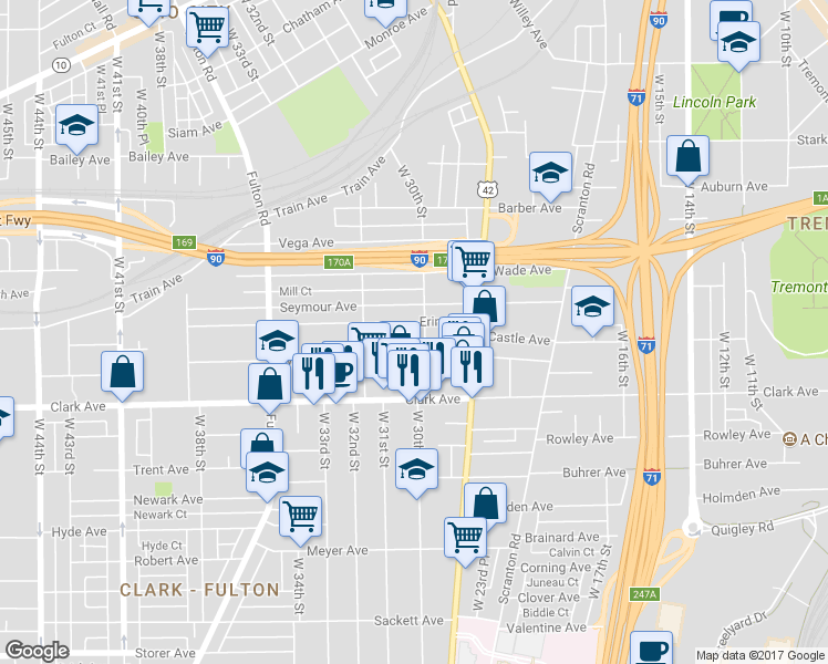 map of restaurants, bars, coffee shops, grocery stores, and more near 3015 Erin Avenue in Cleveland