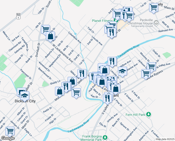 map of restaurants, bars, coffee shops, grocery stores, and more near 119 Main Street in Blakely