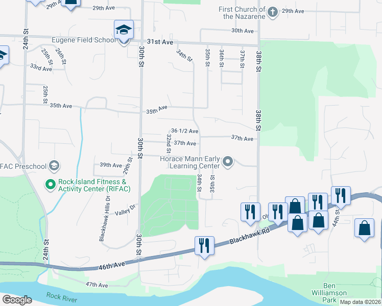 map of restaurants, bars, coffee shops, grocery stores, and more near 3237-3243 38th Avenue in Rock Island