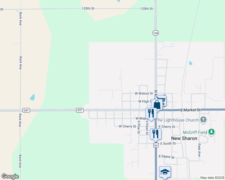 map of restaurants, bars, coffee shops, grocery stores, and more near 101 West Cedar Lane in New Sharon
