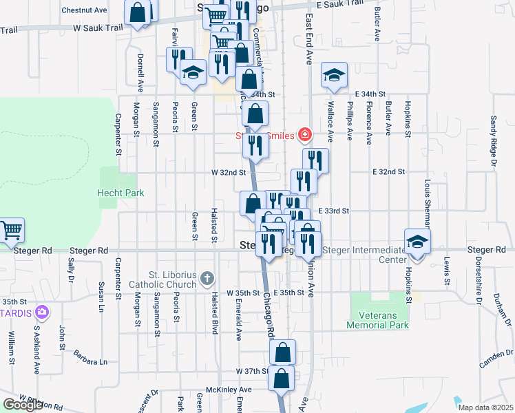 map of restaurants, bars, coffee shops, grocery stores, and more near 3231 Chicago Road in Steger