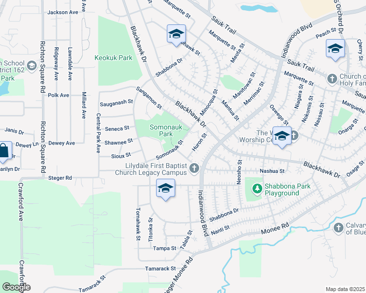 map of restaurants, bars, coffee shops, grocery stores, and more near 253 Somonauk Street in Park Forest