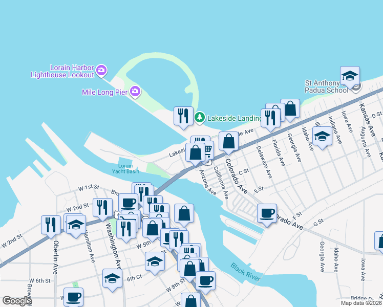 map of restaurants, bars, coffee shops, grocery stores, and more near 109 Arizona Avenue in Lorain