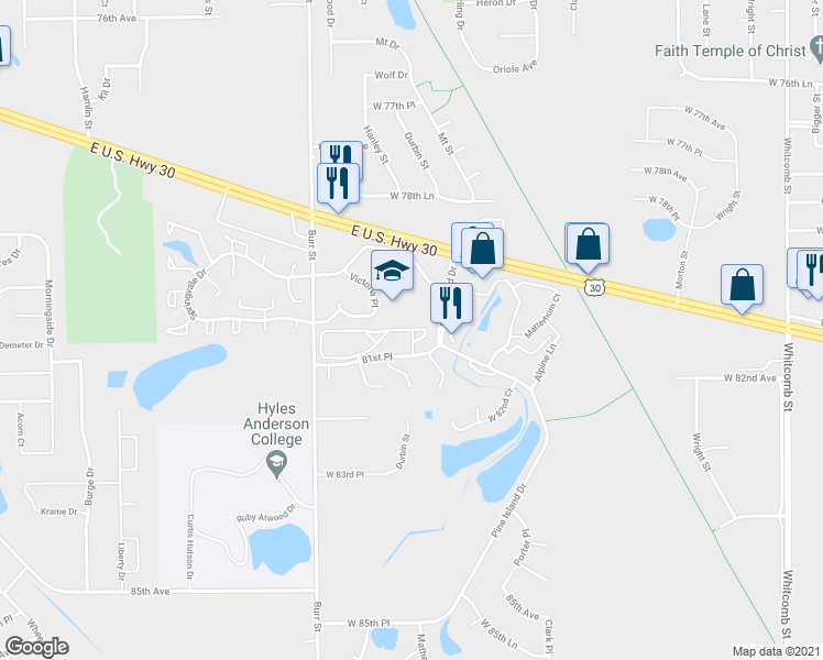 map of restaurants, bars, coffee shops, grocery stores, and more near 5305 Cedar Point Drive in Crown Point