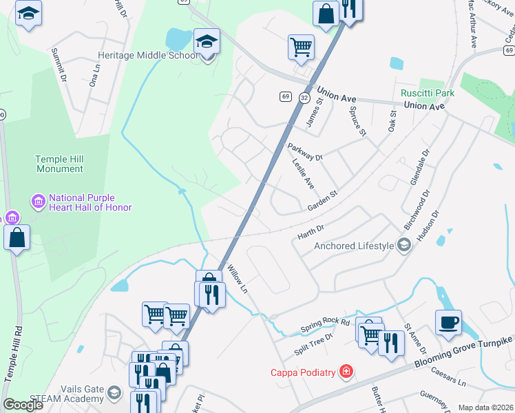 map of restaurants, bars, coffee shops, grocery stores, and more near 233 Windsor Highway in New Windsor