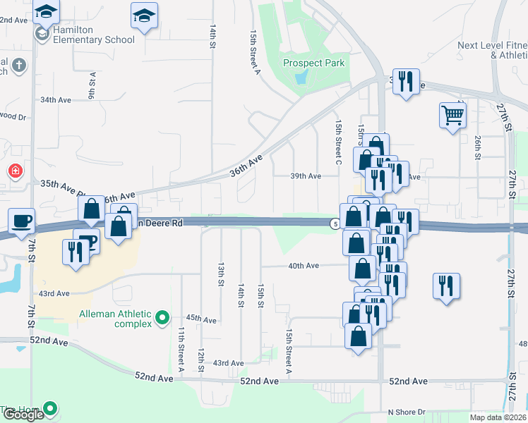 map of restaurants, bars, coffee shops, grocery stores, and more near 3837 15th Street in Moline