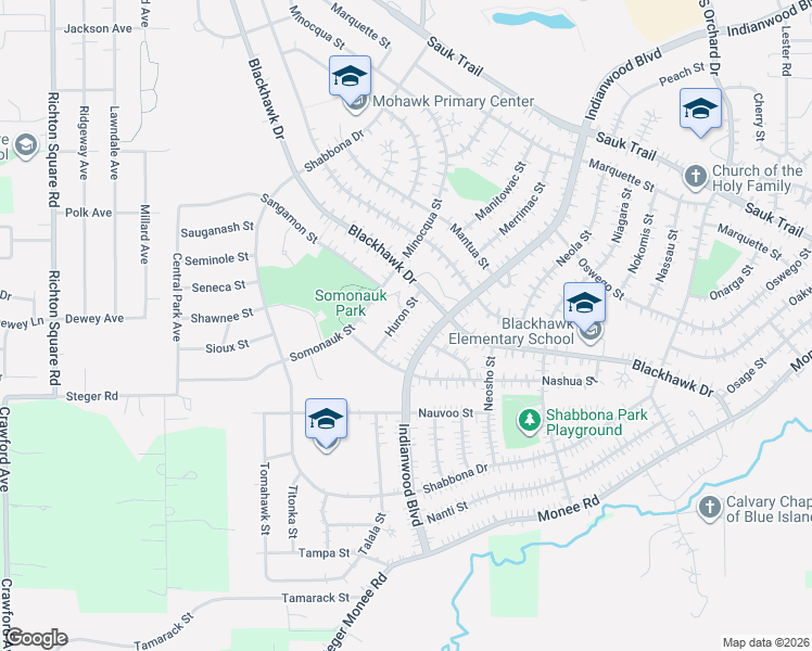 map of restaurants, bars, coffee shops, grocery stores, and more near 418 Huron Street in Park Forest