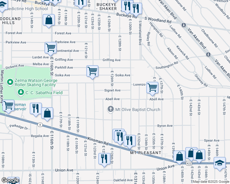 map of restaurants, bars, coffee shops, grocery stores, and more near 12610 Signet Avenue in Cleveland