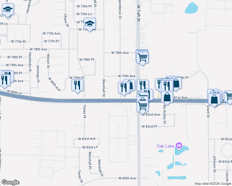 map of restaurants, bars, coffee shops, grocery stores, and more near 7919 Independence Street in Merrillville