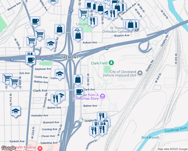 map of restaurants, bars, coffee shops, grocery stores, and more near 2883 West 11th Street in Cleveland