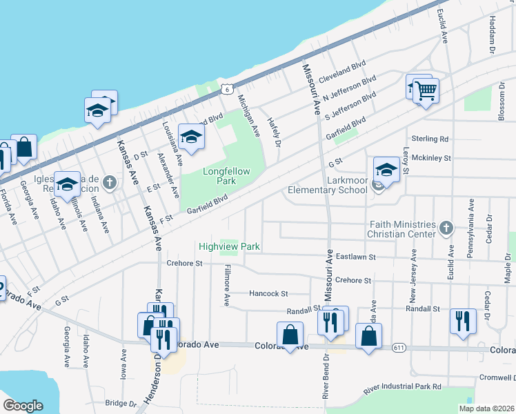 map of restaurants, bars, coffee shops, grocery stores, and more near 1250 Michigan Avenue in Lorain