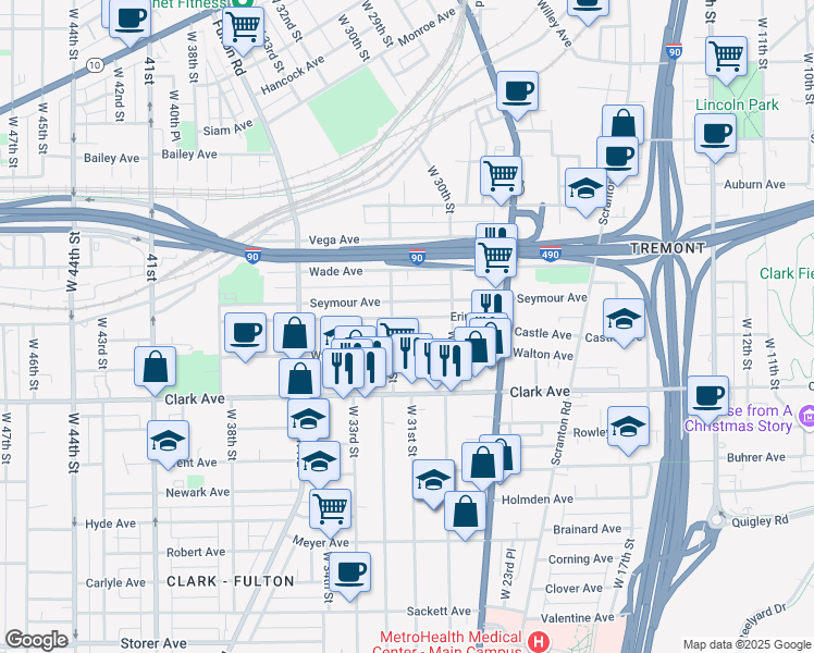 map of restaurants, bars, coffee shops, grocery stores, and more near 3113 Erin Avenue in Cleveland