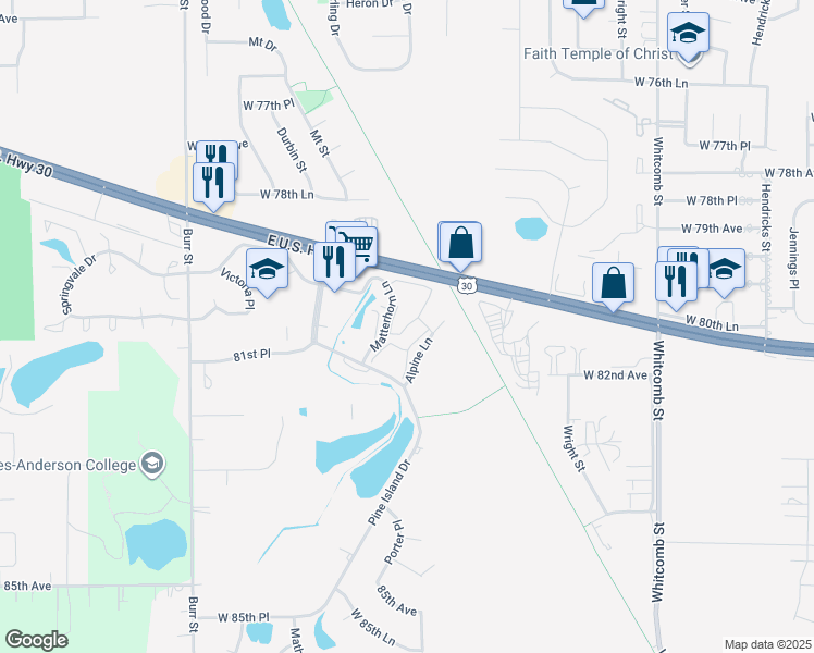 map of restaurants, bars, coffee shops, grocery stores, and more near Matterhorn Court in Crown Point