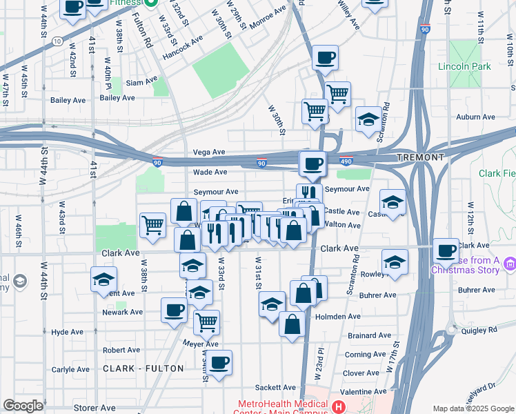 map of restaurants, bars, coffee shops, grocery stores, and more near 3113 Erin Avenue in Cleveland