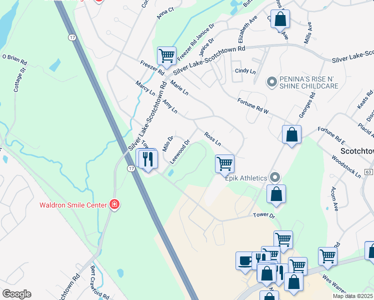 map of restaurants, bars, coffee shops, grocery stores, and more near 60 Leewood Drive in Scotchtown