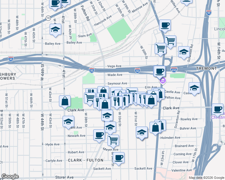 map of restaurants, bars, coffee shops, grocery stores, and more near 3407 Erin Avenue in Cleveland