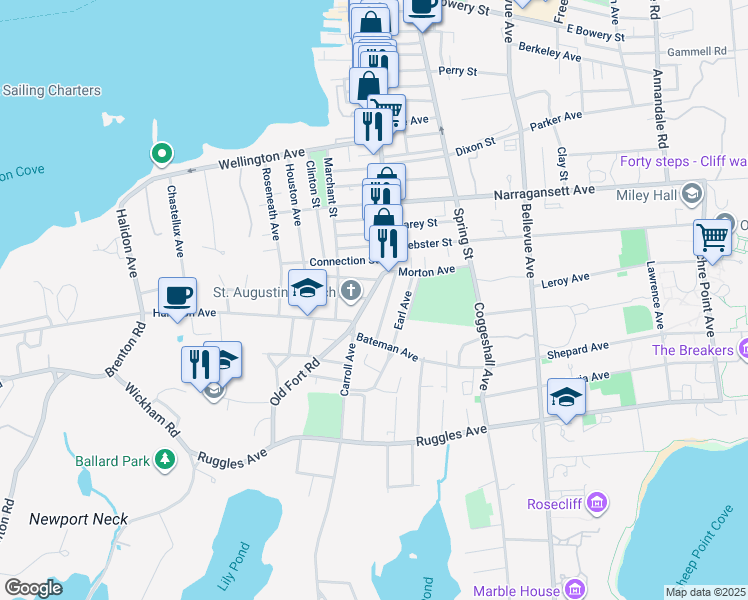 map of restaurants, bars, coffee shops, grocery stores, and more near 16 Carroll Avenue in Newport