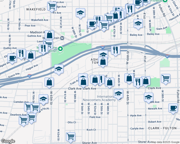 map of restaurants, bars, coffee shops, grocery stores, and more near 5300 Train Avenue in Cleveland