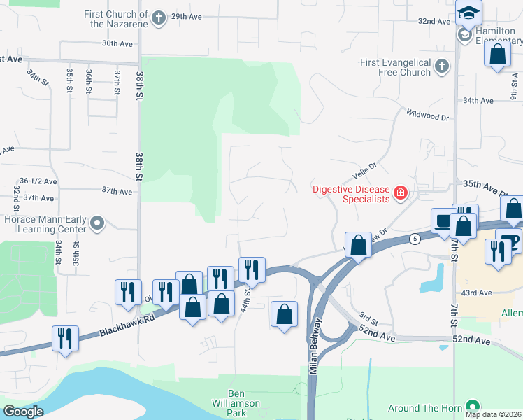 map of restaurants, bars, coffee shops, grocery stores, and more near 4516 41st Ave in Rock Island