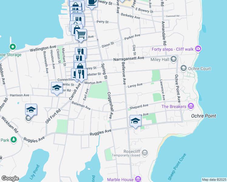 map of restaurants, bars, coffee shops, grocery stores, and more near 459 Bellevue Avenue in Newport