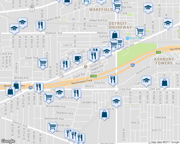 map of restaurants, bars, coffee shops, grocery stores, and more near 7203 Hague Avenue in Cleveland