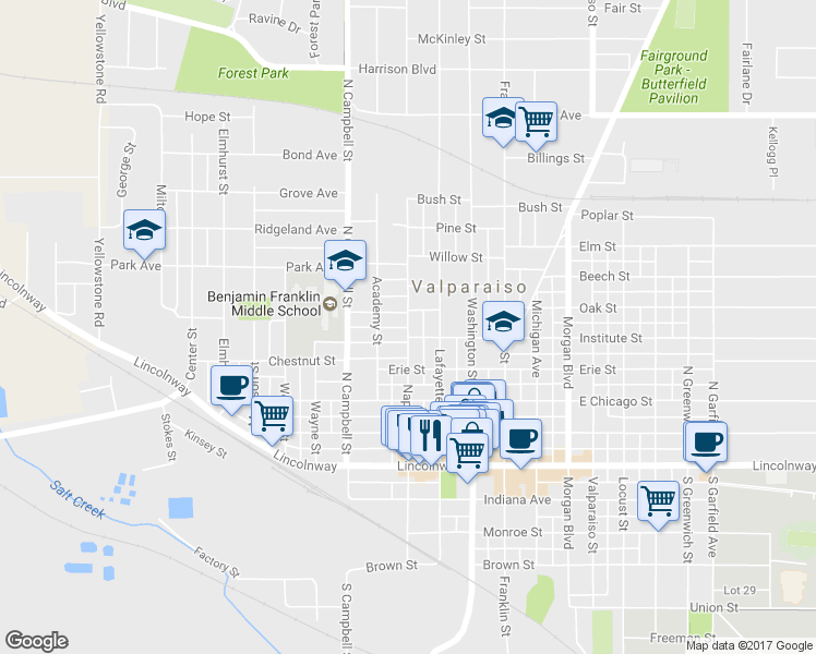 map of restaurants, bars, coffee shops, grocery stores, and more near 406 Napoleon Street in Valparaiso