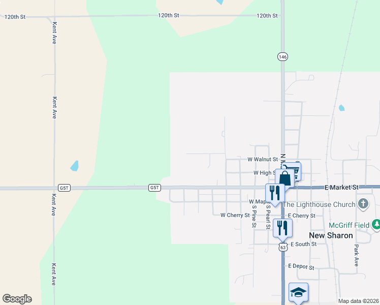 map of restaurants, bars, coffee shops, grocery stores, and more near 101-199 West Cedar Lane in New Sharon