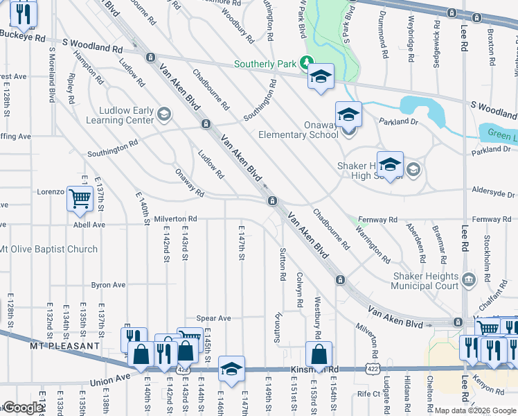 map of restaurants, bars, coffee shops, grocery stores, and more near 14718 Onaway Road in Shaker Heights