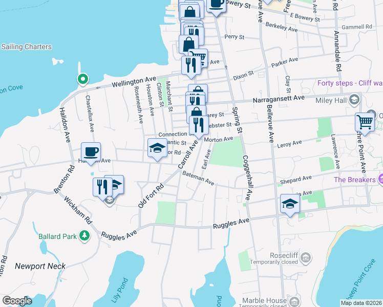 map of restaurants, bars, coffee shops, grocery stores, and more near 16 Carroll Avenue in Newport