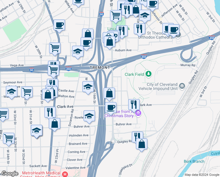 map of restaurants, bars, coffee shops, grocery stores, and more near 2946 West 14th Street in Cleveland