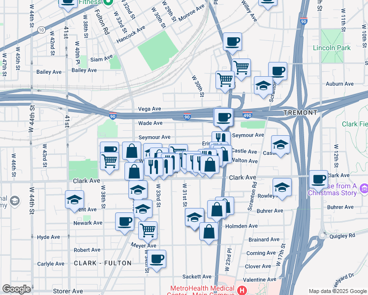 map of restaurants, bars, coffee shops, grocery stores, and more near 3113 Erin Avenue in Cleveland
