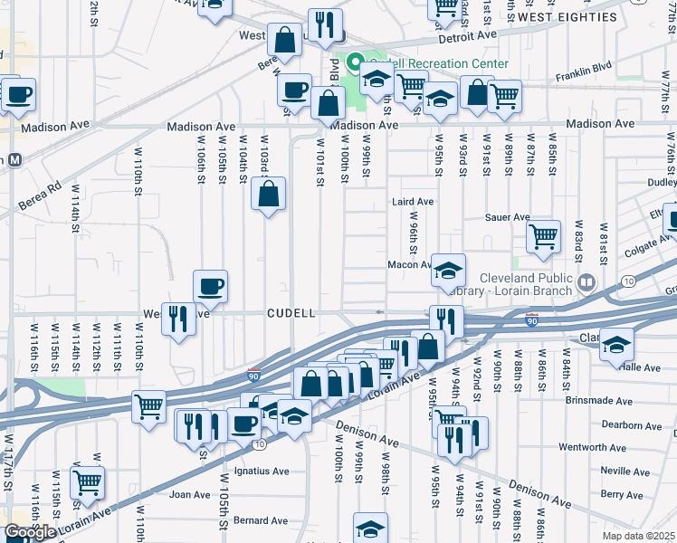 map of restaurants, bars, coffee shops, grocery stores, and more near 2183 West 100th Street in Cleveland