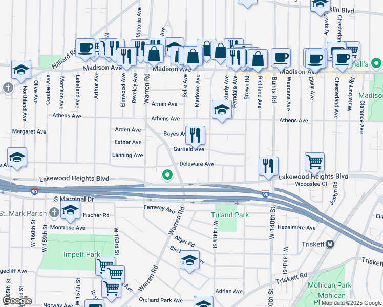map of restaurants, bars, coffee shops, grocery stores, and more near 14515 Garfield Avenue in Lakewood