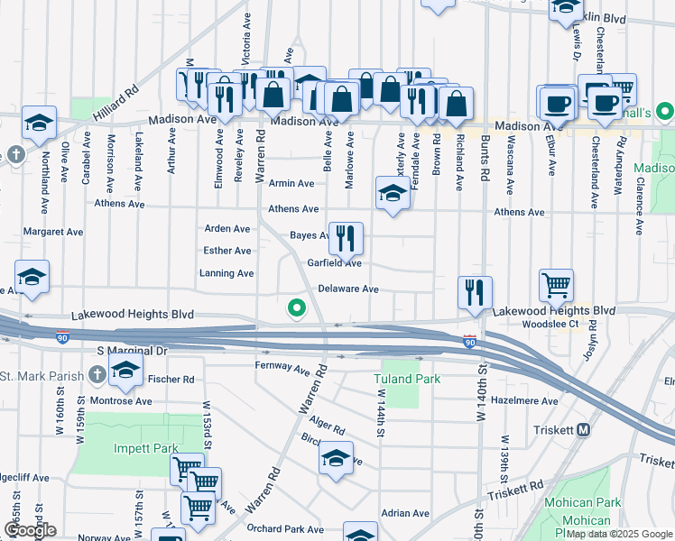 map of restaurants, bars, coffee shops, grocery stores, and more near 14515 Garfield Avenue in Lakewood