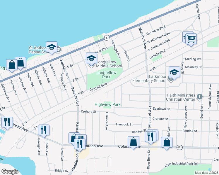 map of restaurants, bars, coffee shops, grocery stores, and more near 1841 G Street in Lorain