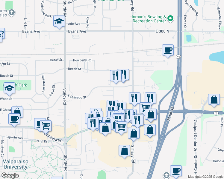 map of restaurants, bars, coffee shops, grocery stores, and more near 365-399 Parkwood Drive in Valparaiso