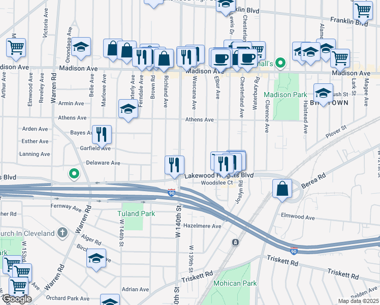 map of restaurants, bars, coffee shops, grocery stores, and more near 2184 Wascana Avenue in Lakewood