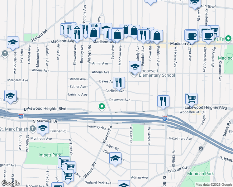map of restaurants, bars, coffee shops, grocery stores, and more near 14515 Garfield Avenue in Lakewood