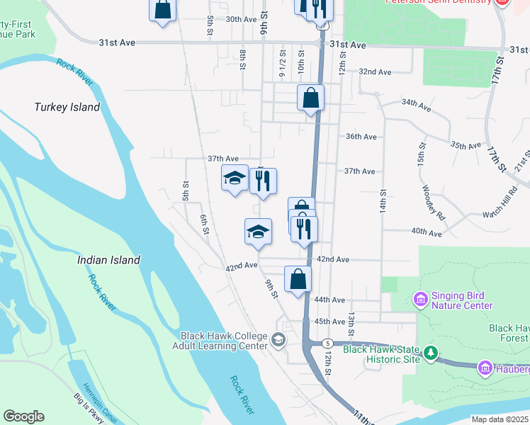 map of restaurants, bars, coffee shops, grocery stores, and more near 3917 9th Street in Rock Island