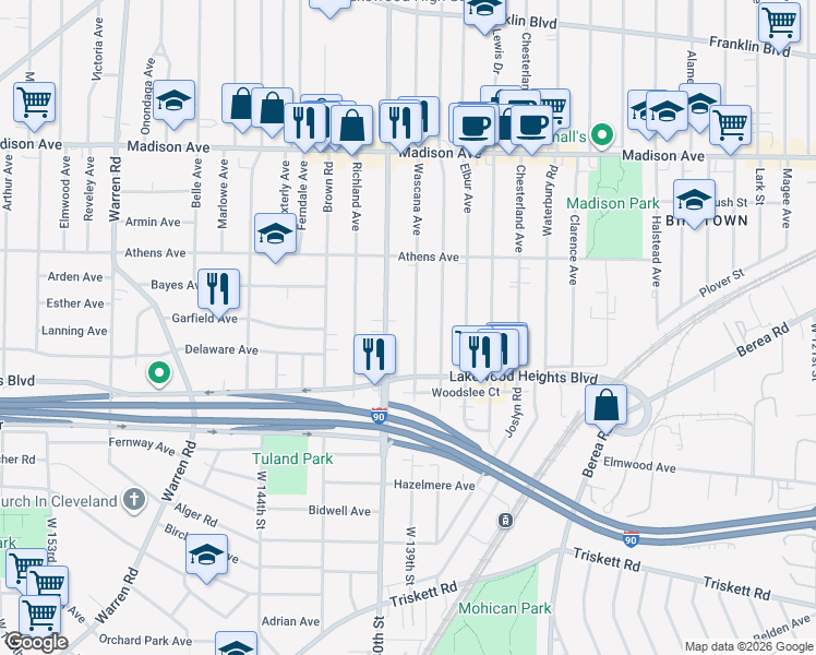 map of restaurants, bars, coffee shops, grocery stores, and more near 2184 Wascana Avenue in Lakewood