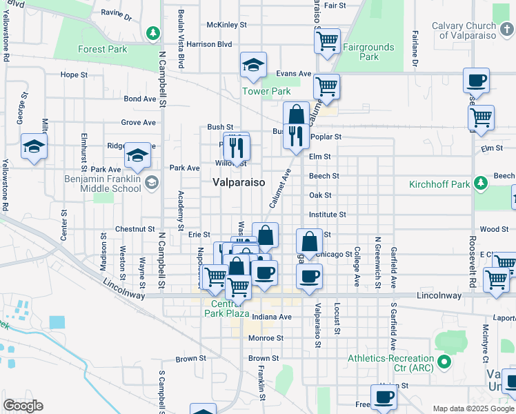 map of restaurants, bars, coffee shops, grocery stores, and more near 405 Franklin Street in Valparaiso