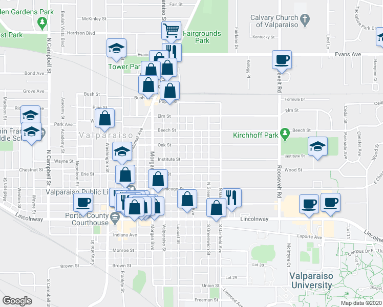 map of restaurants, bars, coffee shops, grocery stores, and more near 403 College Avenue in Valparaiso