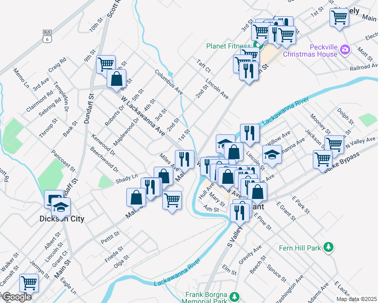 map of restaurants, bars, coffee shops, grocery stores, and more near 119 Main Street in Blakely