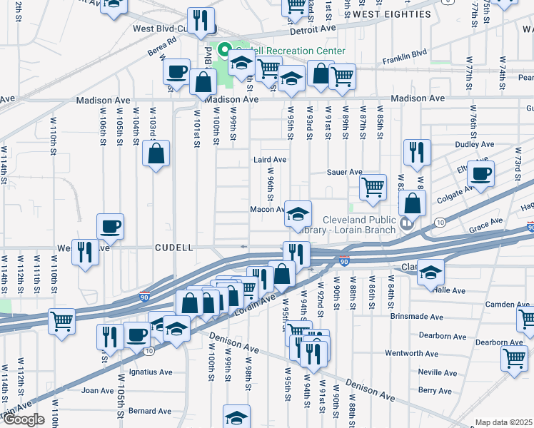 map of restaurants, bars, coffee shops, grocery stores, and more near 9603 Macon Avenue in Cleveland