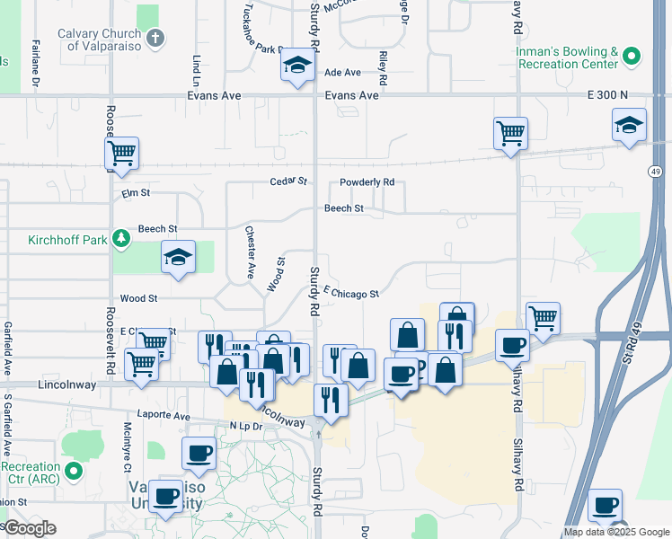 map of restaurants, bars, coffee shops, grocery stores, and more near 404 Sturdy Road in Valparaiso