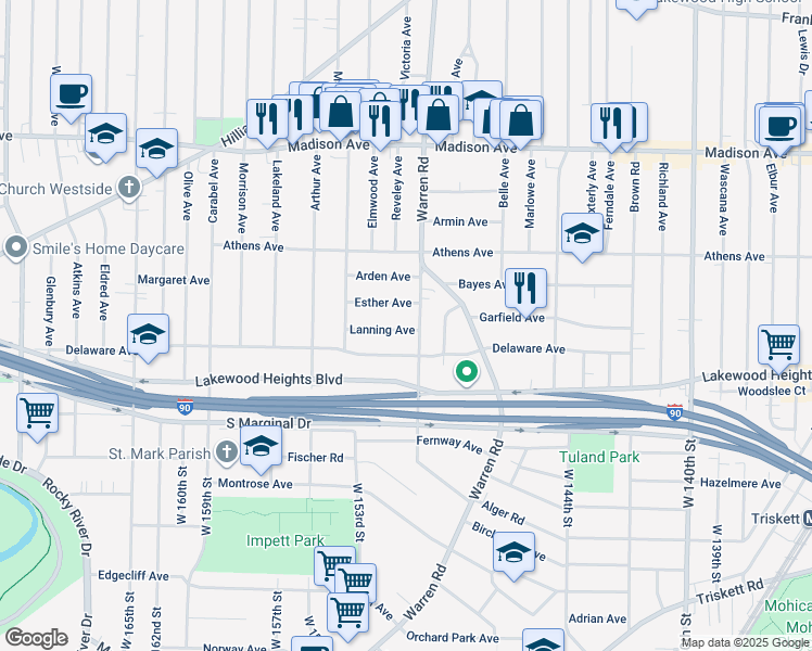 map of restaurants, bars, coffee shops, grocery stores, and more near 14912 Lanning Avenue in Lakewood