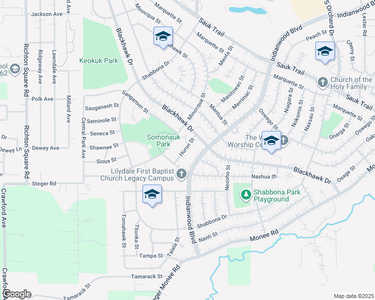 map of restaurants, bars, coffee shops, grocery stores, and more near 411 Huron Street in Park Forest