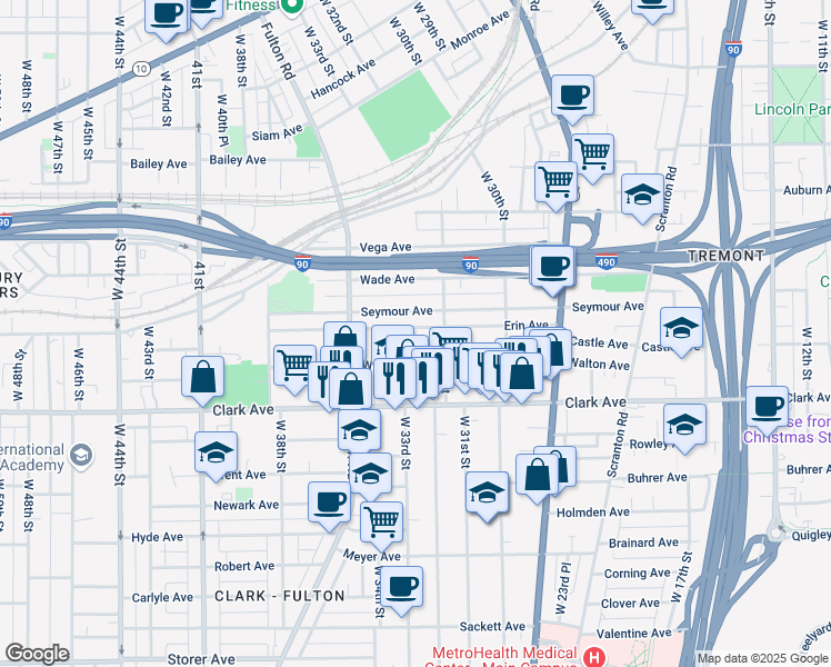 map of restaurants, bars, coffee shops, grocery stores, and more near 3253 Erin Avenue in Cleveland